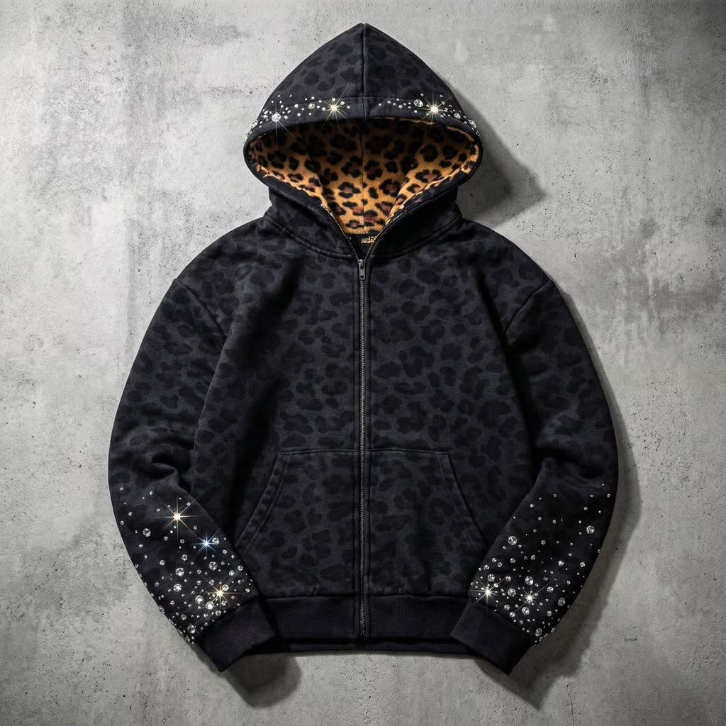 'Black Leopard' - Multi Gemstone Zip-Up Hoodie