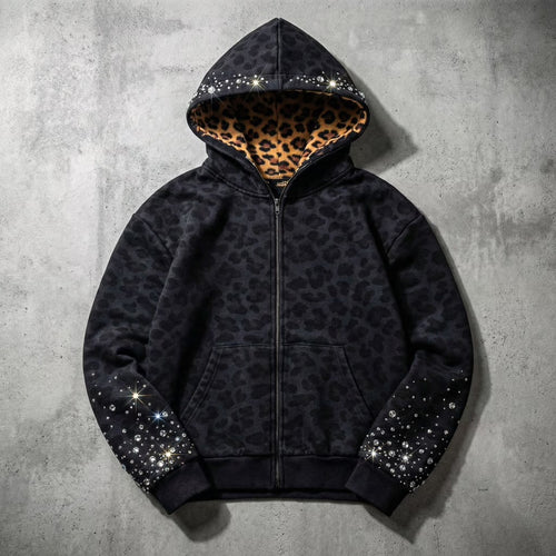 'Black Leopard' - Multi Gemstone Zip-Up Hoodie