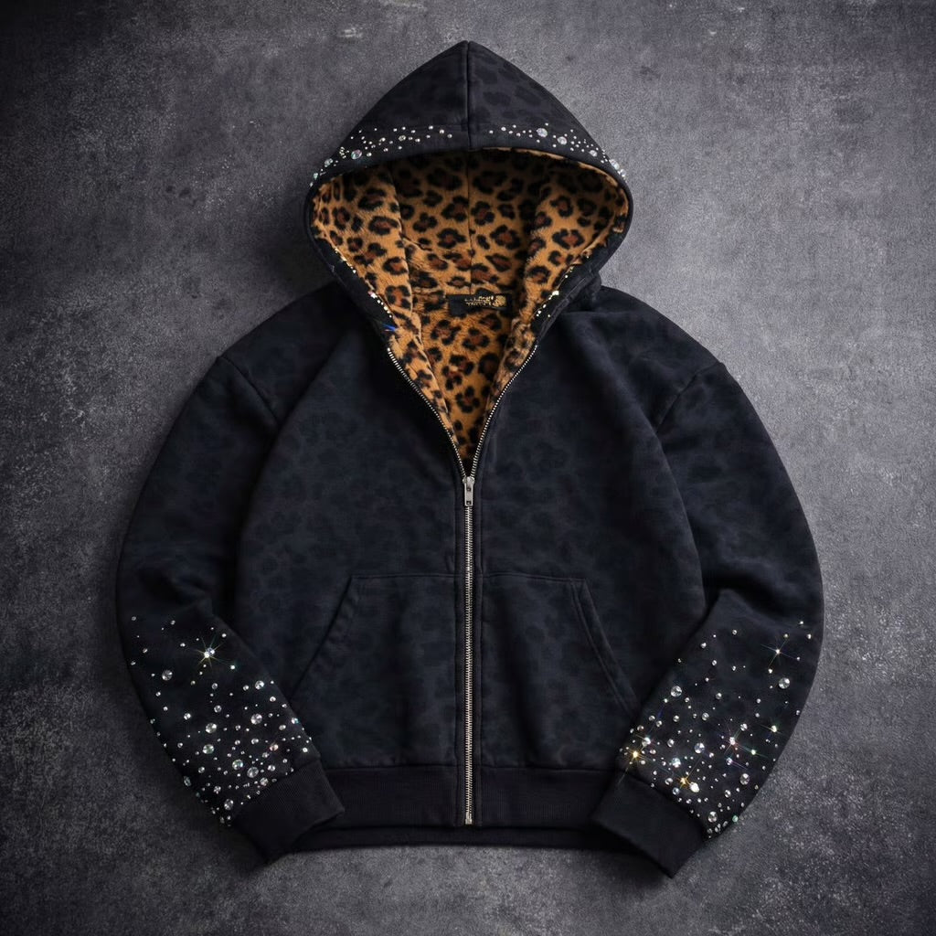 'Black Leopard' - Multi Gemstone Zip-Up Hoodie