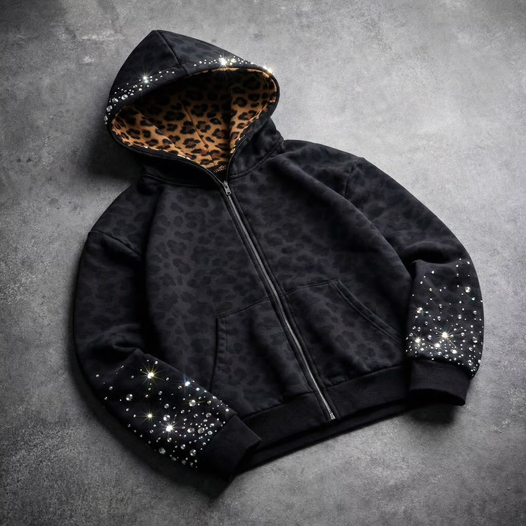 'Black Leopard' - Multi Gemstone Zip-Up Hoodie